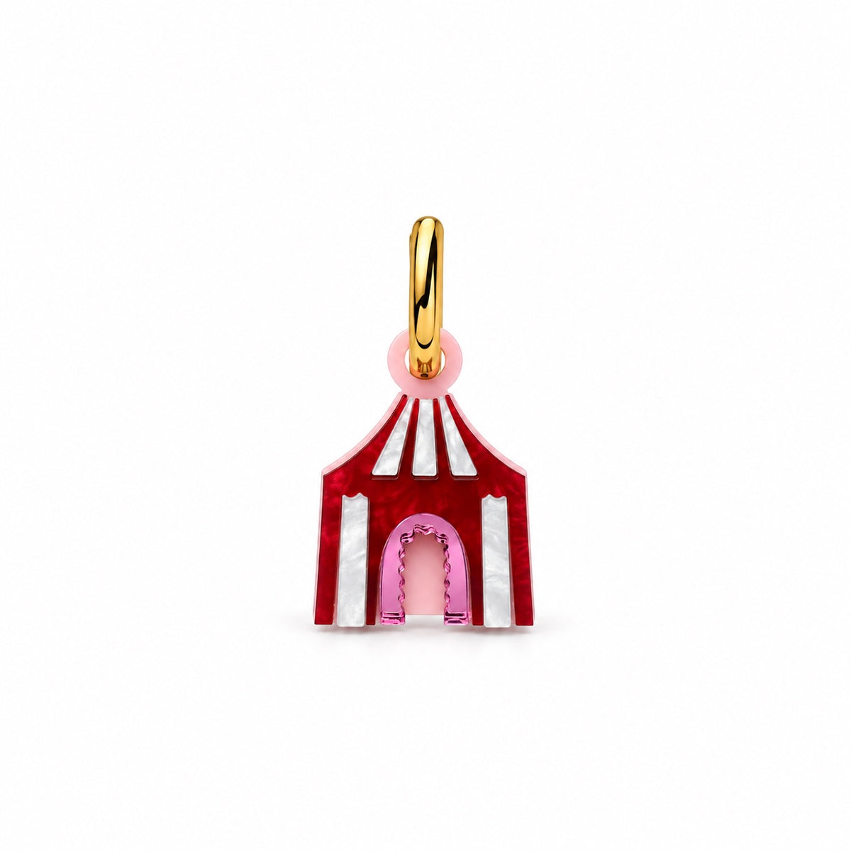 Weezy Pop circus tent charm in red and white striped acrylic with a pink doorway on an 18k gold plated hoop